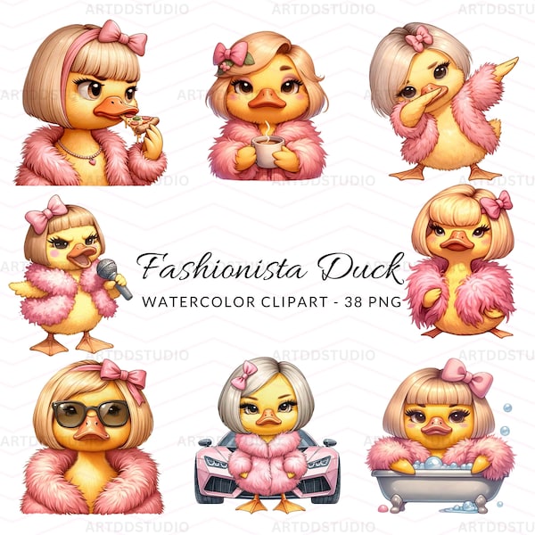 Glamorous Diva Duck Watercolor Clipart - Chic and Stylish Duck PNGs for Fabulous Designs - Instant Digital Download, Cute Duck