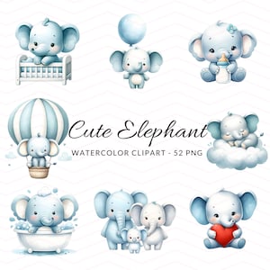 Entzückende Elefant Aquarell Clipart Sammlung - Digital Download, niedlicher Elefant PNGs für Kunsthandwerk, Einladungen, Baby-Dusche-Dekor