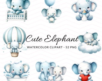 Clipart de elefante en acuarela: Gráficos PNG para baby shower (descarga digital)
