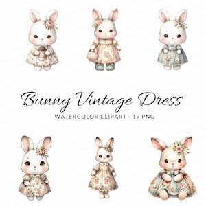 Adorable Vintage Bunny Clipart, Watercolor Floral Rabbit PNG, Digital Download for Crafts and Decor, Bunny Clipart Flower Dress, Cute Rabbit