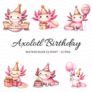 Fröhliche Axolotl-Geburtstags-Party Clipart, niedliche Aquarell PNG-Bilder zum Basteln und für Einladungen, kommerzielle Nutzung Aquarell Axolotl Clipart