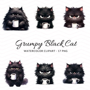 Coffee Loving Grumpy Cat Clipart - Imágenes digitales de lindo gato negro - 17 PNG Descarga instantánea para diseño y artesanías