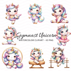 Adorable Gymnastic Unicorn Clipart, Gymnast Unicorn Illustration, Printable Art for Kids, Gymnastics Clipart, Watercolor Gym, Commercial Use