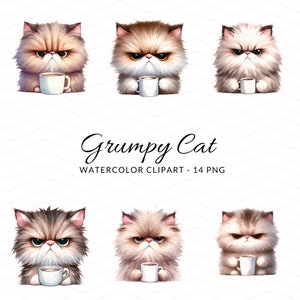 Imágenes prediseñadas de café de gato gruñón, imágenes prediseñadas de gato gruñón amante del café, imágenes digitales de gato lindo, descarga instantánea para diseño y artesanías, gato amante del café