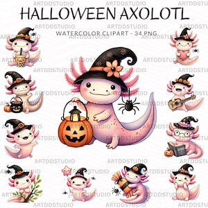 Clipartset Halloween Axolotl-heks: aquarel png (digitale download)