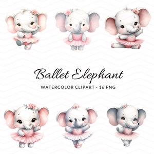 Ballet elefante acuarela clipart - descarga digital, bebé elefante bailarina PNGs para cumpleaños, decoración de la guardería, invitaciones