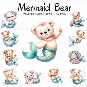 Clipart aquarelle ours sirène enchantée - aquarelle numérique ours, illustrations PNG sur le thème de la mer, sirène ours mignon, usage Commercial