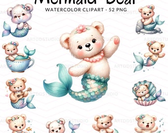 Watercolor Enchanted Mermaid Bear Clipart - Digital Watercolor Bears, Sea-Themed PNG Illustrations, Cute Mermaid Bear, Commercial Use