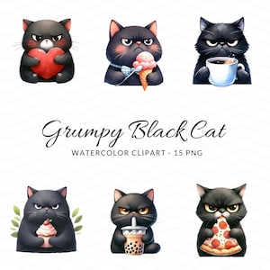 Grumpy Black Cat Watercolor Clipart Collection - Cute Feline with Snacks Illustrations - 15 PNG Instant Download, Cute Black Cat Clipart