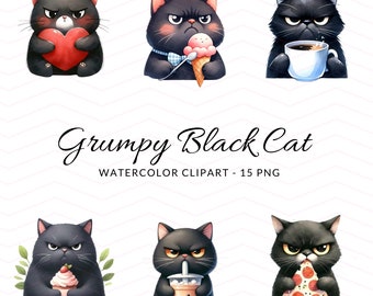 Mürrische schwarze Katze Aquarell Clipart: Katze mit Snacks (15 PNG Instant Download)