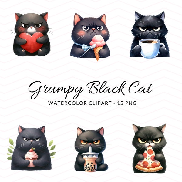 Grumpy Black Cat Watercolor Clipart Collection - Cute Feline with Snacks Illustrations - 15 PNG Instant Download, Cute Black Cat Clipart