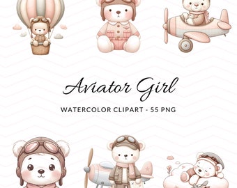 Aviator Girl Bear Watercolor Clipart - Pilot Teddy & Airplanes PNGs, Kids Nursery, airplane, helicopter, hot air balloon, Commercial Use