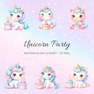 Clipart fête d'anniversaire de licorne Adorables licornes aquarelles avec des gâteaux PNG - Téléchargement numérique de célébration pour les enfants, gâteau d'anniversaire PNG