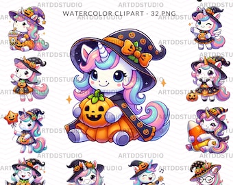 Halloween Unicorn Watercolor Clipart Bundle, Cute Witchy Unicorns for Sublimation & Crafts, Halloween Art, Cute Unicorn, Pumpkin