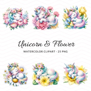 Unicornio encantado y acuarela de flores Clipart - Unicornio floral mágico PNGs - Descarga instantánea para decoración de fiestas y guarderías, Unicornio lindo