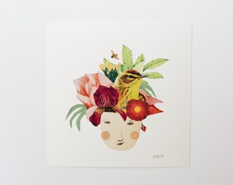 Collage surrealista de retratos originales en papel cortado, ilustración de niña floral con pájaro amarillo en técnica mixta, «Girls of Flower: Camellia Warbler», 6x6