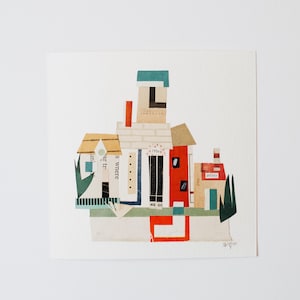 Illustrazione originale di collage di scene di strada su carta ritagliata, tecnica mista di metà secolo, "Paper Town No. 2" di Alice W., 6x6