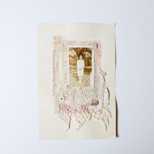 Original Mixed Media Art Collage on Book Page, ‘Quietly Composed,’ Vintage Woman Photograph Layered Textile Art with Lace and Paper