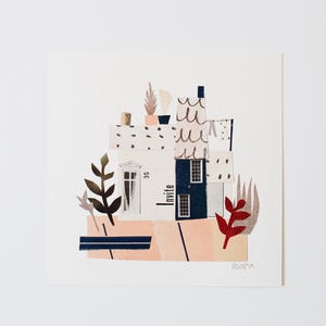 Illustrazione originale di collage di scene di strada su carta ritagliata, tecnica mista di metà secolo, "Paper Town No. 4" di Alice W., 6x6