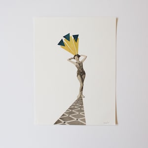 May include: A vintage-style collage art print featuring a woman in a patterned swimsuit, with yellow and teal geometric shapes above her head. The woman is standing on a path with a diamond pattern.