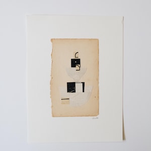 Original Abstract Collage Art ‘A Delicate Balance’ on Vintage Book Page, Hand Cut Mixed Media Ephemera Shapes by alicewcollage