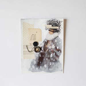 Original Mixed Media Abstract Art Collage on Paper, ‘It’s All In Your Head’ Vintage Inspired Painted Elizabethan Woman Portrait Art