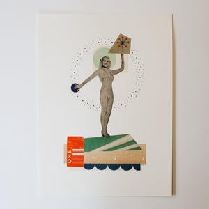 May include: A mixed-media collage featuring a vintage-style illustration of a woman holding a geometric shape with a starburst design. The artwork includes a blue sphere, a green and brown base, and a dotted circle on a white background.