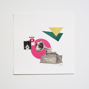 Original 6 x 6 Cut Paper Abstract Collage, The Graphophone