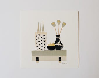 Ilustración original de collage de papel recortado &#39;Shelfie No. 4&#39; de 8 x 8 pulgadas, decoración de estante con bodegones de plantas eclécticas bodegones de Alice W.