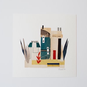 Illustrazione originale di collage di scene di strada su carta tagliata, tecnica mista di metà secolo, "Paper Town No. 1" di Alice Wingerden, 6x6