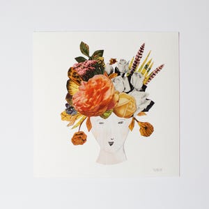 オリジナル切り紙のシュールな肖像画コラージュアート、ミクストメディアの花束の少女イラスト、「フラワーガール：フェリシティ・ボエーム」