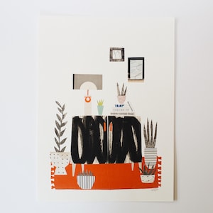 Collage artistico originale di natura morta su carta tagliata, illustrazione di un mobile boho moderno retrò di metà secolo, tecnica mista, "L'eccentrico" 11x15