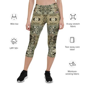 NW Nugz “Green Buds” Mirror-Image Capri Leggings. Photo-Mosaic Dried-Flower Art on Stretchy Pants