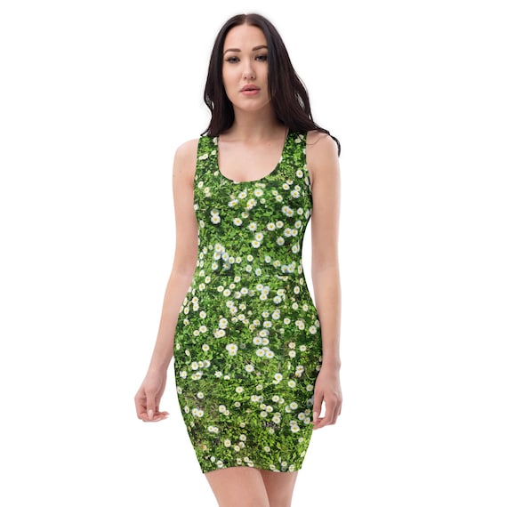 daisy bodycon dress Lawn-Daisy Bodycon dress, real lawn and real flower photos :-) Stretchy form fitting green tank-dress