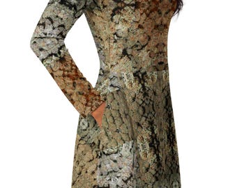 NW Nugz “Green Buds” long sleeve midi dress with pockets. Mirror-Image Dried Flower Art 2XS-6XL