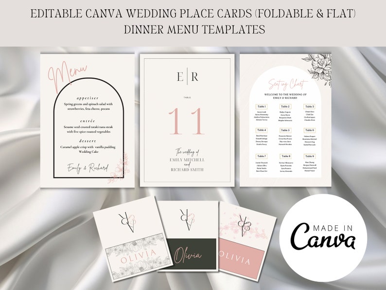 Ultimate Canva Wedding Place Card, Menu, Seating Chart Bundle Minimalist Wedding Printable Modern Wedding Template Pink Calligraphy zdjęcie 1