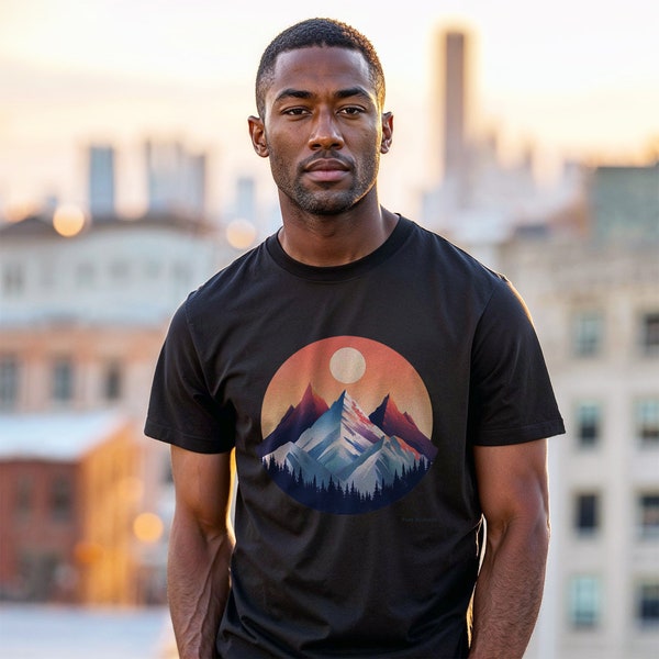 Alpine Dawn Circle Tee, Majestic Mountain Horizon T-Shirt, Pure Horizons Nature Top, Sunrise Summit Shirt, Unisex Tee