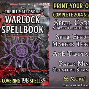 DnD Warlock Toolbox (2014 e 2024): Cartas de Magia Imprimíveis, Modelos de Área de Efeito, Marcadores de Condição de Magia e Miniaturas de Papel para Invocação de Criaturas