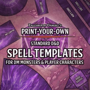 Puede incluir: Plantillas de hechizos imprimibles de color morado y blanco para juegos de rol de Dungeons and Dragons (D&D). Las plantillas incluyen diferentes formas como círculos, cuadrados, conos y líneas. El texto dice "Imprime tus propias plantillas de hechizos D&D estándar para monstruos MD y personajes de jugadores Radio, cubos, conos y líneas Color completo y versiones 'huecas'".
