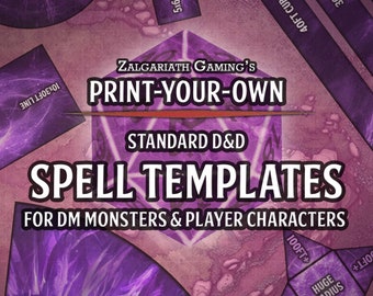 May include: Purple and white printable spell templates for Dungeons and Dragons (D&D) role-playing games. The templates include different shapes like circles, squares, cones, and lines. The text reads "Print-Your-Own Standard D&D Spell Templates for DM Monsters & Player Characters Radius, Cubes, Cones & Lines Full Colour & 'Hollow' Versions".