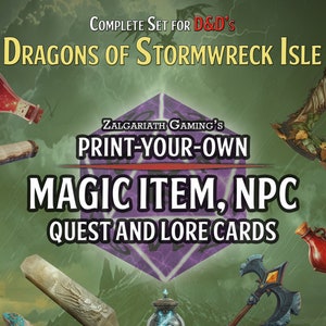 Documentation imprimable du D&D Dragons of Stormwreck Isle - Toutes les cartes de quêtes, de PNJ, d'objets magiques et de savoir