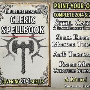 DnD Cleric Toolbox (2014 e 2024): carte incantesimo stampabili, modelli di area di effetto, segnalini di condizione incantesimo e miniature di carta per evocazioni di creature