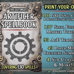 Caixa de ferramentas de cartas mágicas do D&D Artificer: cartas para impressão, modelos de área de efeito (AoE), marcadores de condição de magia e miniaturas de papel para invocação de criaturas!