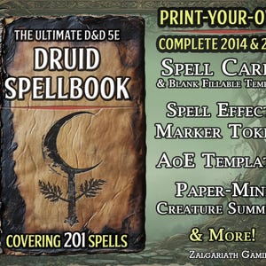 Zestaw DnD Druid Spellbook: Karty zaklęć, żetony, szablony, miniatury (do druku w 2014 i 2024 r.)