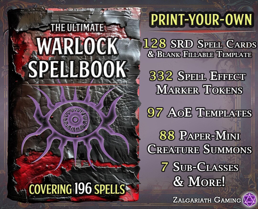 D&amp;D Warlock Spell Card Toolbox: Printable Cards, Area of Effect aoe ...
