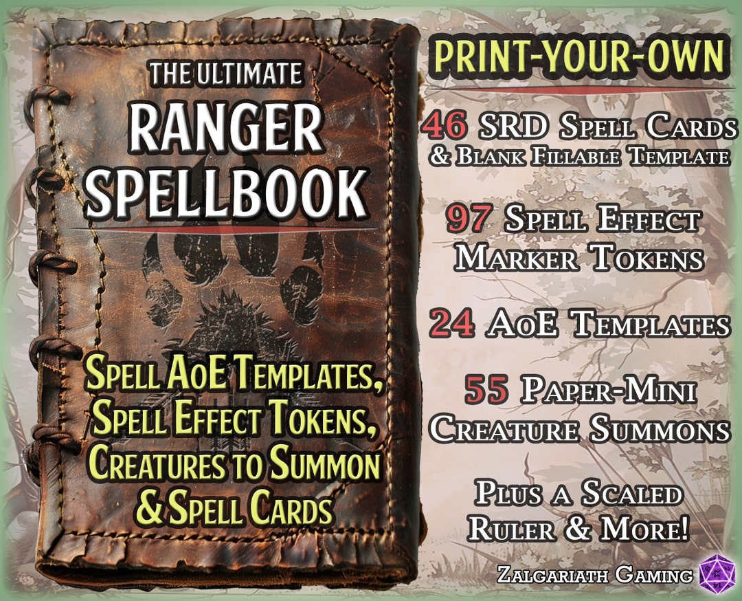 The Dnd Ranger Spellbook Printable Spell Cards, Spell Aoe Templates ...