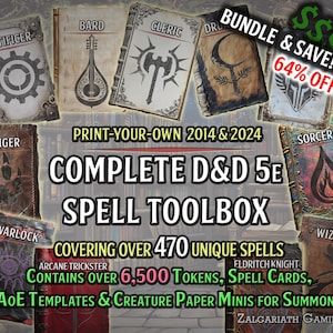 A caixa de ferramentas completa de cartas de magia de D&D 5e: cartas para impressão, modelos de área de efeito, marcadores de condição de magia e miniaturas de papel para invocação de criaturas!