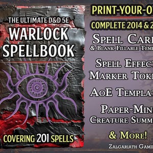 Kit de libro de hechizos de brujo de DnD: cartas de hechizo, fichas, plantillas y miniaturas (imprimibles 2014 y 2024)