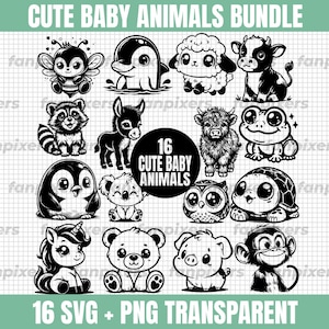 Joli bébé animaux SVG BUNDLE vector design imprimable, téléchargement numérique instantané de la collection complète d'animaux furtifs, fichiers Svg pour Cricut