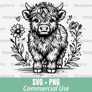 Floral Baby Highland Cow SVG PNG, Cow Svg, Cute Cow Svg, SVG Files for Cricut, Commercial Use, Instant Digital Download, Vector Highland Cow